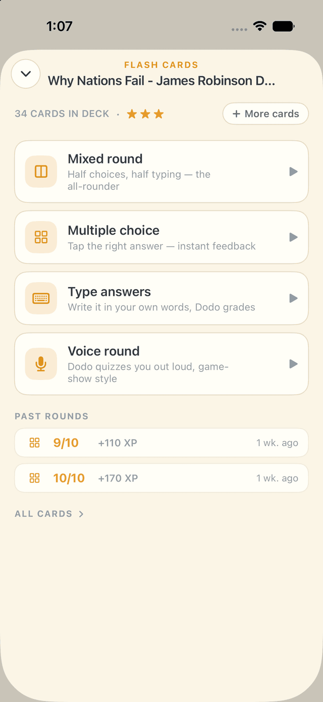 Flash card rounds — mixed, choice, typed, voice