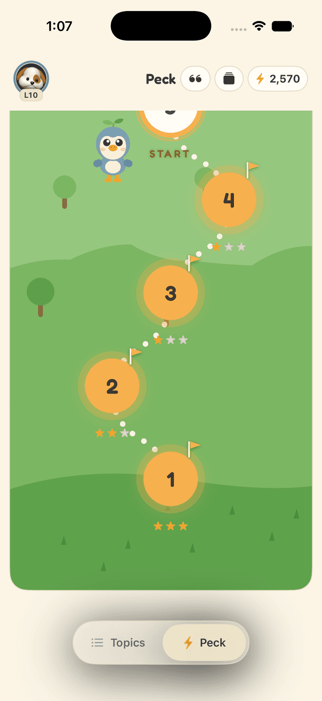 Peck — the level path across every deck